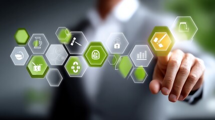 Person Using Digital Interface with Sustainable Development Icons for Business Technology and Environmental Responsibility