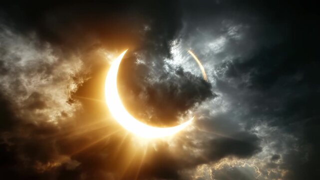 Enigmatic crescent moon shines amidst stormy skies, evoking ethereal beauty and wonder
