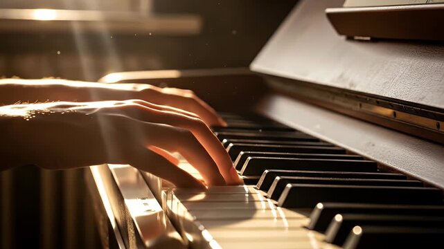 Close-up of hands playing a piano in a room with warm backlighting and floating dust motes.