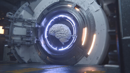 3D vault door with AI brain relief carving luminous outline security tech fusion illustration concept scene visual for commercial design use high detail quality stock image illustration concept scene 