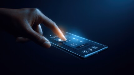 Finger Tapping Modern Smartphone Interface with Glowing Graphics on Dark Background for Technology and Innovation