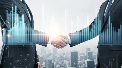Businessmen shaking hands with financial charts overlayed over a city skyline background view - Powered by Adobe