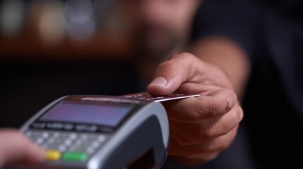 Close-up of a person inserting a credit card into a POS terminal for secure payment processing