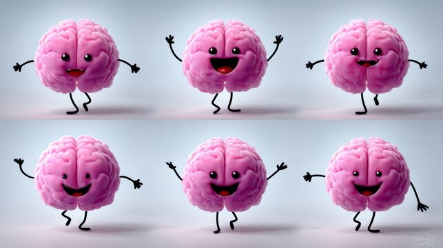 A cartoon brain is shown in a series of six different poses, all of which are smiling. The brain is pink and has a happy expression, which suggests that it is meant to be a lighthearted and fun image