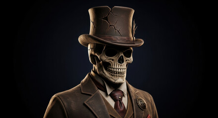 Eerie skeleton gentleman in top hat and suit exuding mysterious gothic charm