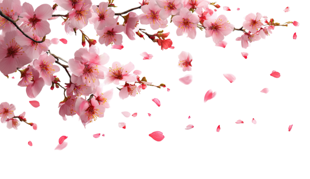 Delicate pink cherry blossoms in full bloom, petals falling