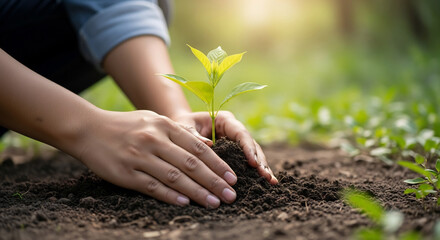 Hands Planting a Small Tree in a Garden