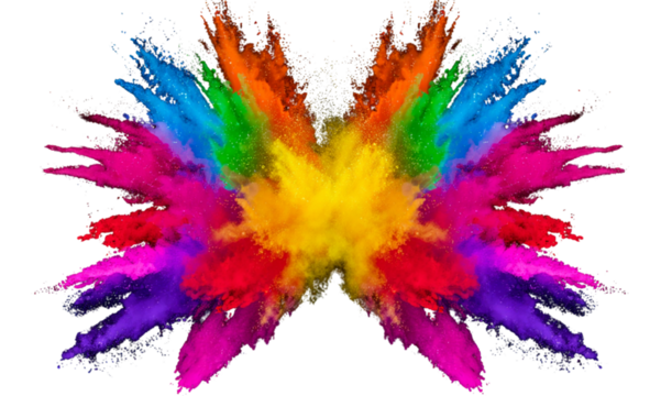 Vibrant Rainbow Powder Explosion; Symmetrical Colorful Burst; Festive Holi Celebration Design; Abstract Art Background. - Powered by Adobe