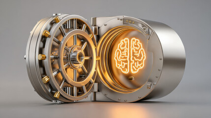 3D vault door with AI brain relief carving luminous outline security tech fusion illustration concept scene visual for commercial design use high detail quality stock image illustration concept scene 