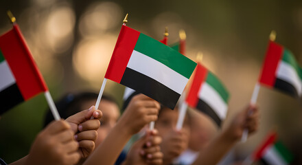 Children Holding United Arab Emirates Flags During Outdoor Celebration in Sunset Light