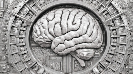 3D vault door with AI brain relief carving luminous outline security tech fusion illustration concept scene visual for commercial design use high detail quality stock image illustration concept scene 