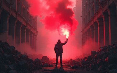 apocalypse world concept showing the man holding a red smoke flare in the destroyed building, digital art style, illustration painting. High quality