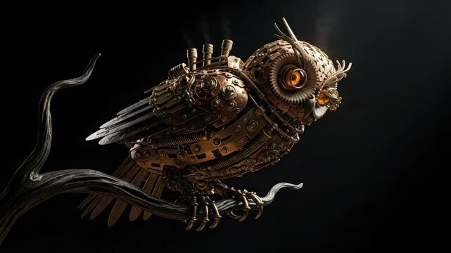 Steampunk Owl Perched: A Mechanical Marvel of Intricate Design and Engineering, futuristic concept