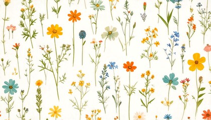 Watercolor floral pattern featuring various wildflowers in yellow, orange, and blue hues on a white background