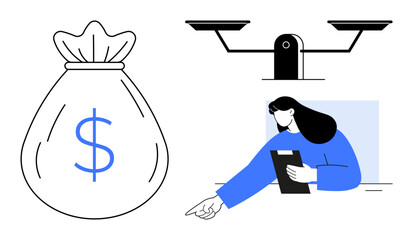 Woman holding a clipboard pointing, a money bag highlights wealth, and scales symbolize fairness. Ideal for finance, consulting, decision-making, justice, investment, education simple landing page