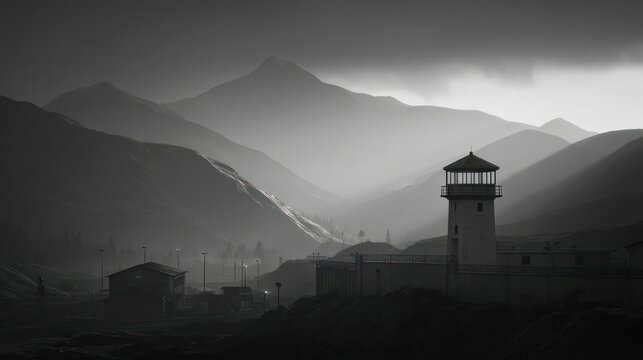 Black and white prison/guard tower with hills and mountains in the background