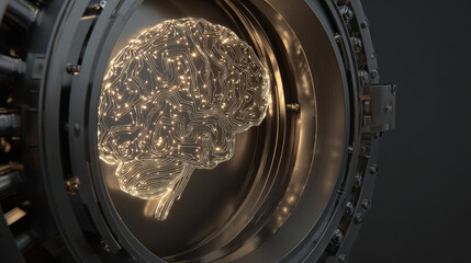 3D vault door with AI brain relief carving luminous outline security tech fusion illustration concept scene visual for commercial design use high detail quality stock image illustration concept scene 