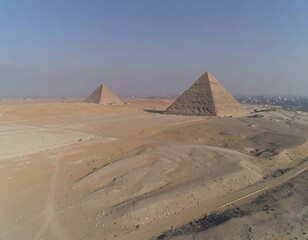 Desert panorama with ancient pyramids