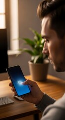 Man using fingerprint sensor on smart phone for security. Biometric identification for digital access. Advanced mobile technology concept.