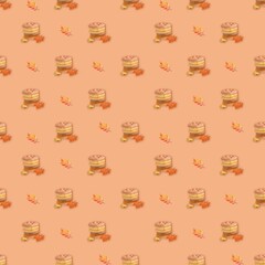 seamless pattern with freshly baked cookies and fall leaves on the beige background, 5000x5000 pxl, autumn inspo, food moodpboard