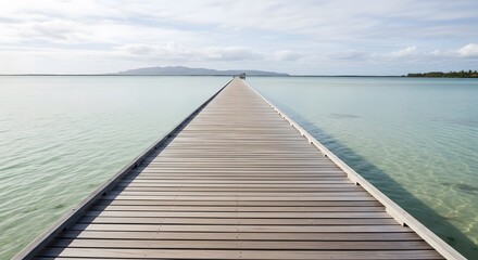 Fototapeta premium Photo of long wooden pier extending into calm turquoise water towards the horizon