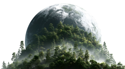 Moon with dense forest and alien biosphere, terraformed, photorealistic, isolated on transparent background
