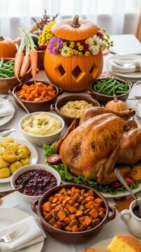 Thanksgiving dinner table with roasted turkey and side dishes. Holiday feast with traditional food. Autumn celebration meal with pumpkin centerpiece.