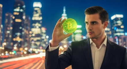 Man looking at a glowing bitcoin coin as a symbol of digital currency in hand, standing against a city skyline. Cryptocurrency concept.