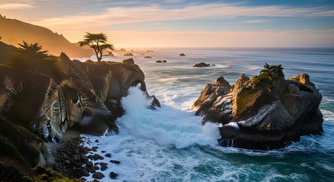 Photo of dramatic waves crash against rugged coastal rocks at sunset, with a lone tree silhouetted on the hill