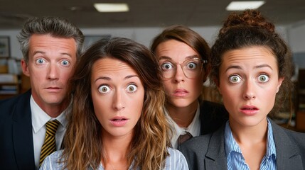 A group of people are staring at something, with one woman wearing glasses. Concept of surprise and curiosity