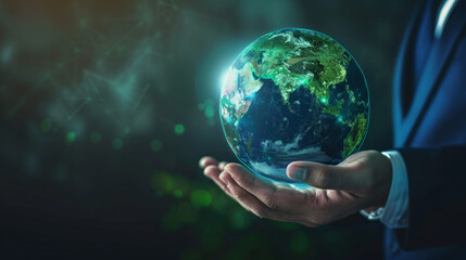 Businessman touching environment sustainability earth holographic with copy space background