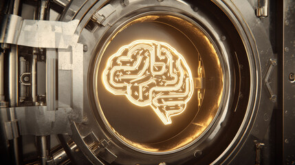 3D vault door with AI brain relief carving luminous outline security tech fusion illustration concept scene visual for commercial design use high detail quality stock image illustration concept scene 