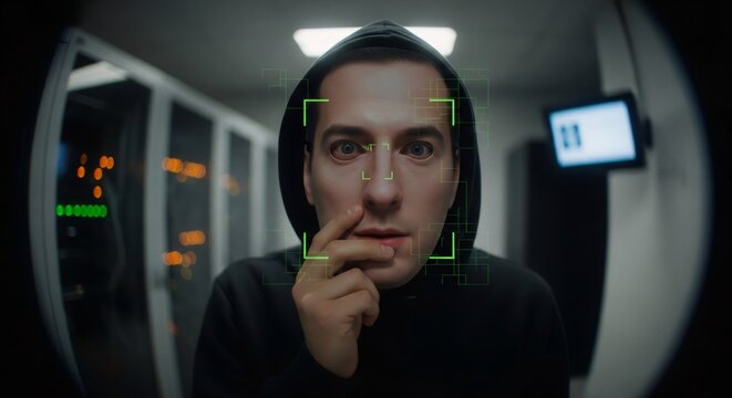 Male hacker with facial recognition grid in data center. Man wearing hoodie, attempting cyberattack on server room. Data breach concept.