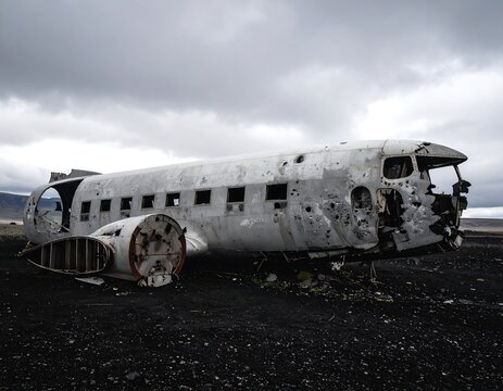 Abandoned plane wreck on black sand beach