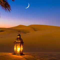 Desert scene at twilight with lantern