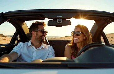 Excited playful European couple in sunglasses driving luxury car, enjoying music, singing and smiling, spouses going on vacation, windshield view
