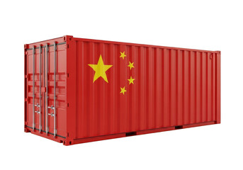 Red shipping container with chinese flag isolated on transparent background