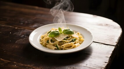 Steaming Plate of Pasta with Fresh Basil on a Wooden Table