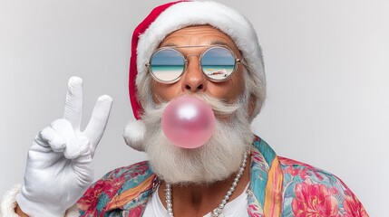 A man in a Santa hat blowing bubbles. The bubbles are pink and the man is wearing sunglasses