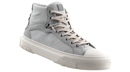 Gray High-Top Sneaker with Suede Accents and Cream Laces.