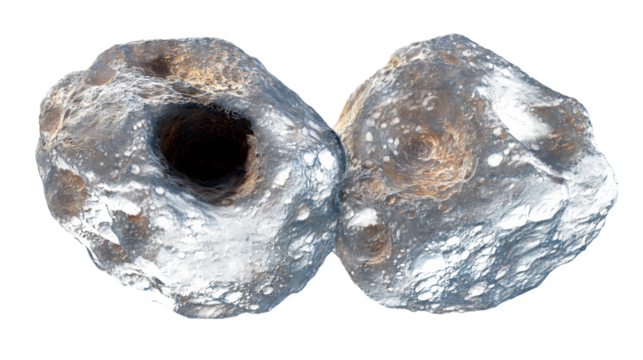 Pair of binary asteroids locked in orbital spin, realistic surface textures, isolated on transparent background