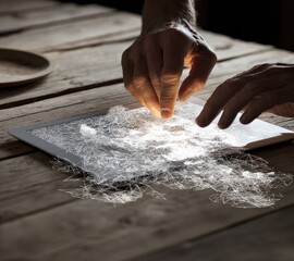 Hands interact with a tablet displaying a digital map