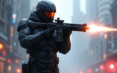 sci-fi gaming character in futuristic suit aiming weapon,shooting gun,illustration. High quality