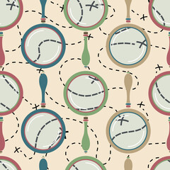 Raster illustration. Cartography pattern with magnifying glasses and zoomed in pathways. 