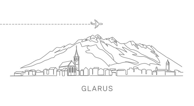 Glarus Skyline with Swiss Alps, Airplane, and Minimalist.
