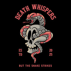 snake coiled around the broken human skull cartoon illustration suitable for graphic tshirt, badge, design element, or any other purpose.