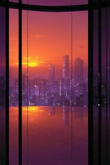 Obraz premium Colorful Cyberpunk City Sunset Through Window