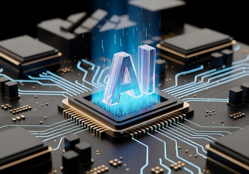 A macro closeup of a computer chip on an electronic circuit board shows the digital electronic hardware for processing data in a mainboard for sound equipment