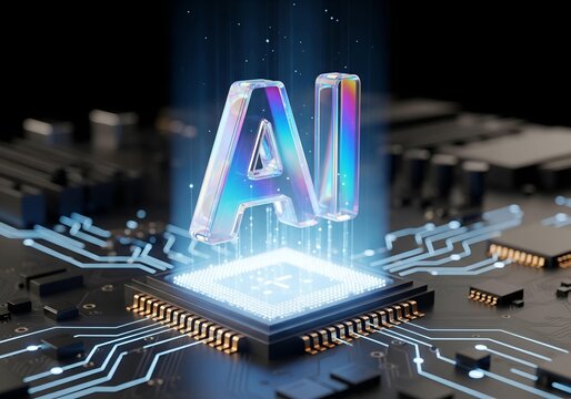 Macro image of an electronic circuit board with a processor chip, a mainboard component of computer technology and digital hardware Ai
