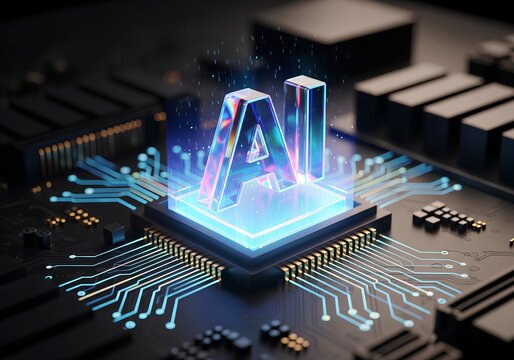 Macro close-up on a blue circuit board with multiple chips and a processor